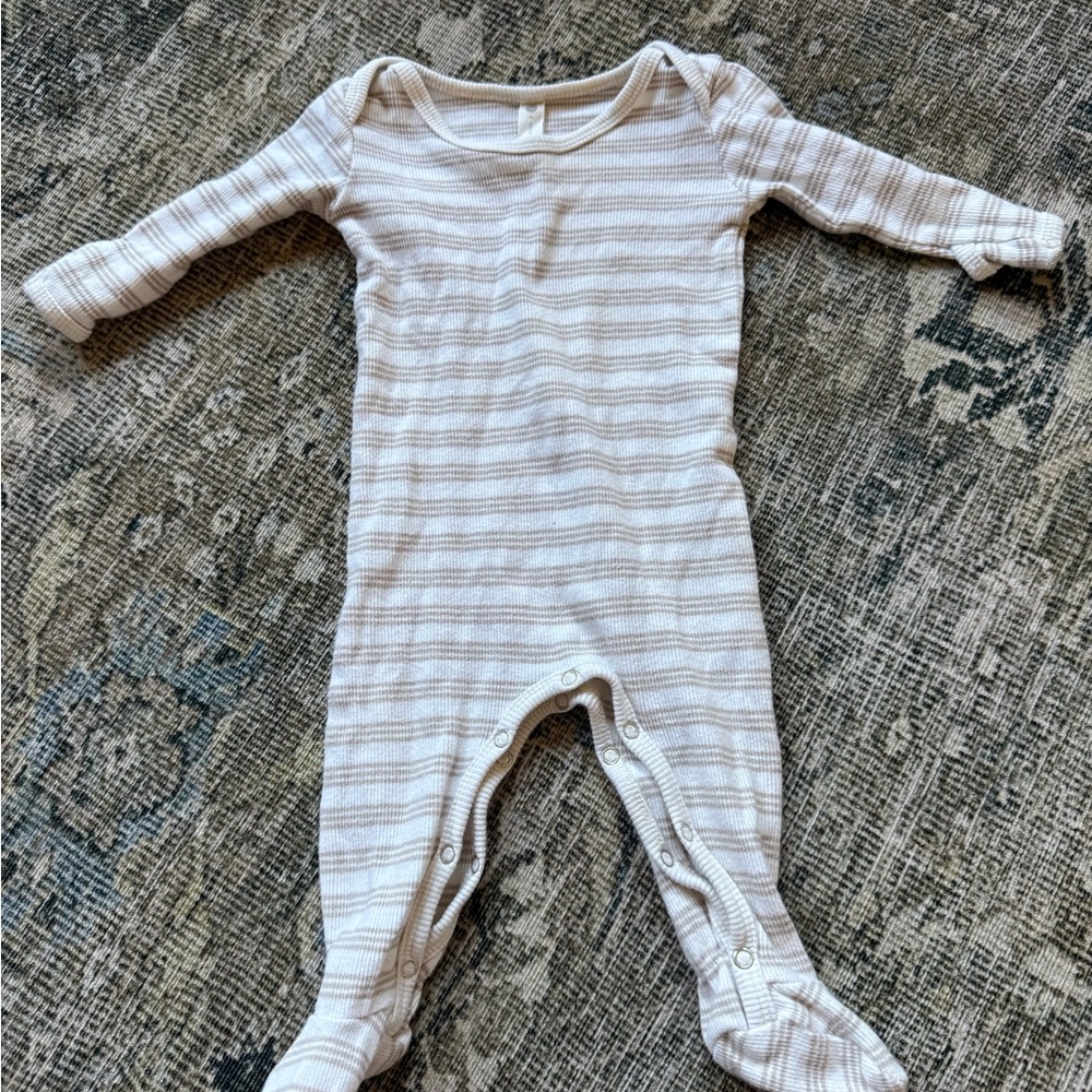 Quincy Mae Cream and Light Brown Striped Baby One-Piece